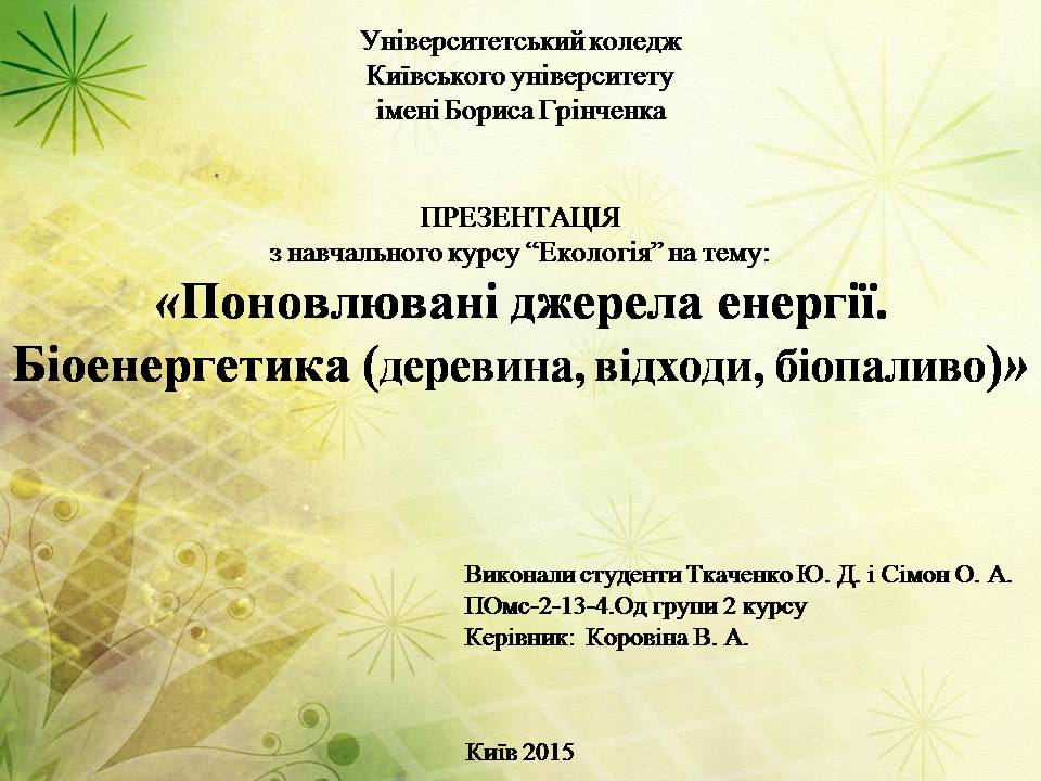 Презентація на тему «Поновлювані джерела енергії. Біоенергетика» - Слайд #1